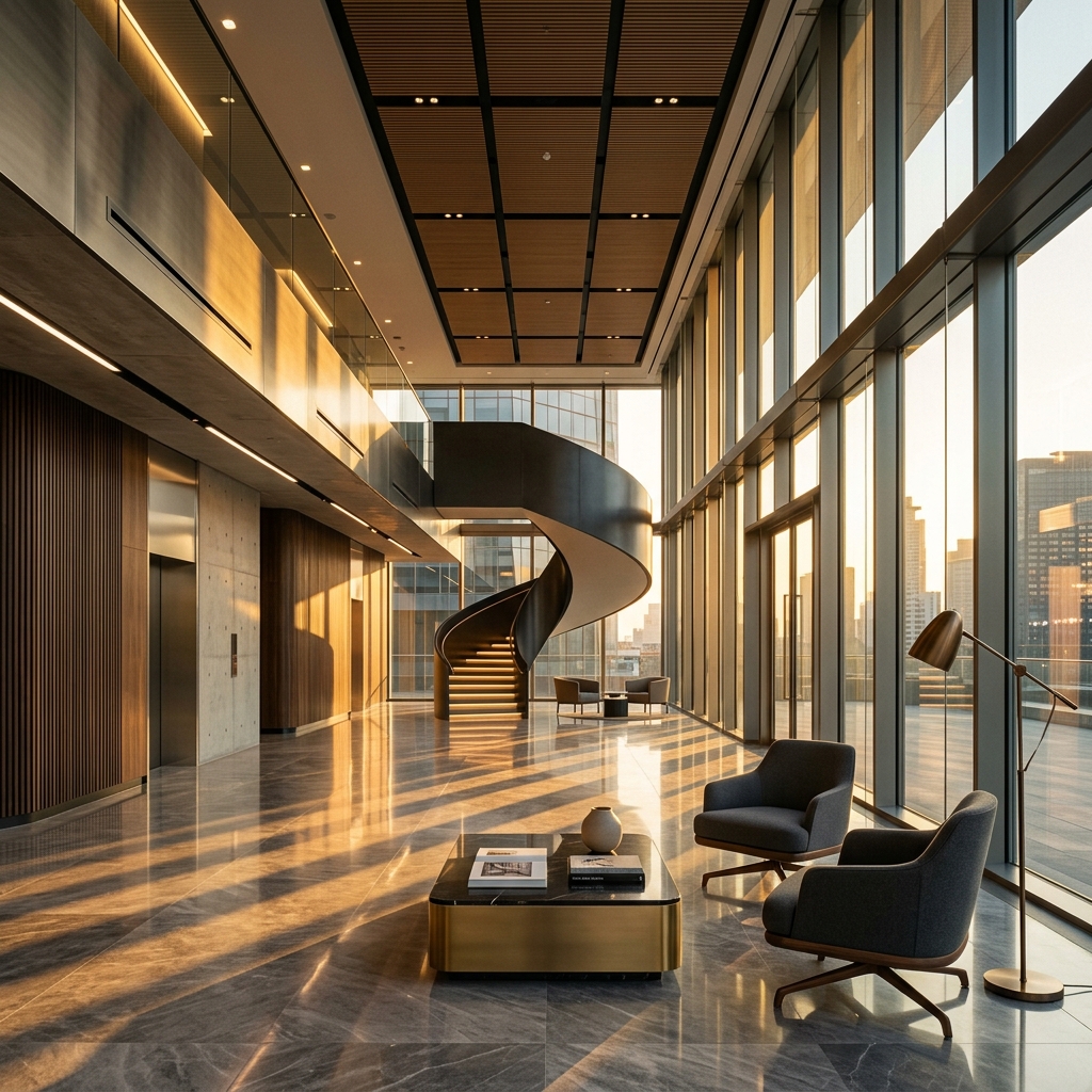 TiNAAK — Premium corporate architecture with gold-tinted ambient lighting