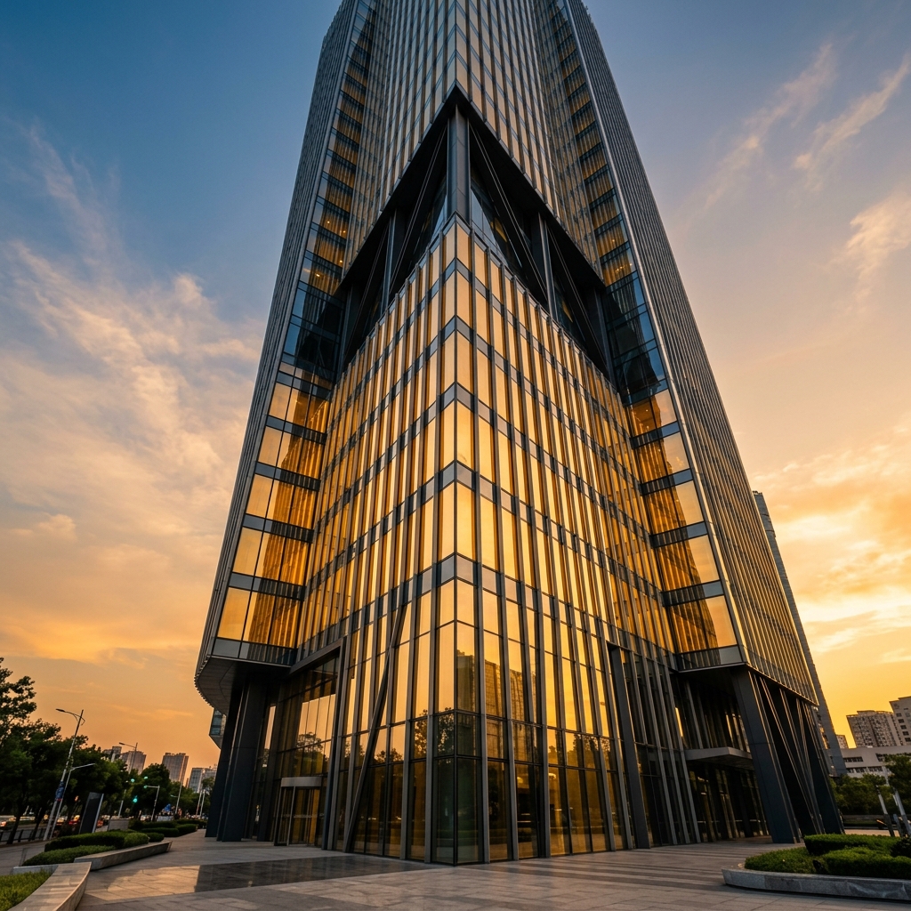 Modern glass commercial building at golden hour